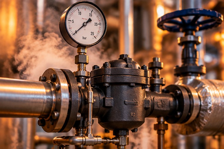 Linea vapore industriale con controllo pressione e scarico della condensa